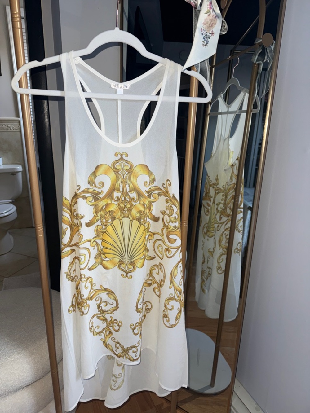 White & Gold WRAP UP Shell-Print Sleeveless Dress